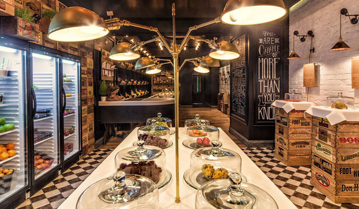 復古風格水果店鋪餐桌區域裝修設計案例效果圖