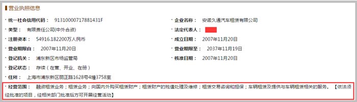 汽車租賃有限公司經營范圍截圖