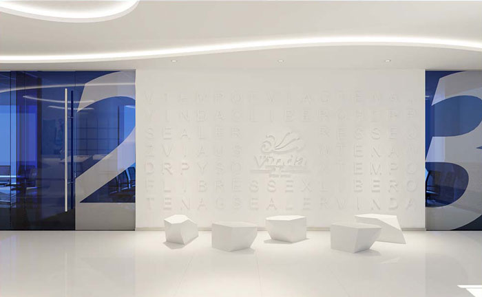 外貿(mào)公司辦公室產(chǎn)品墻裝修設(shè)計(jì)效果圖