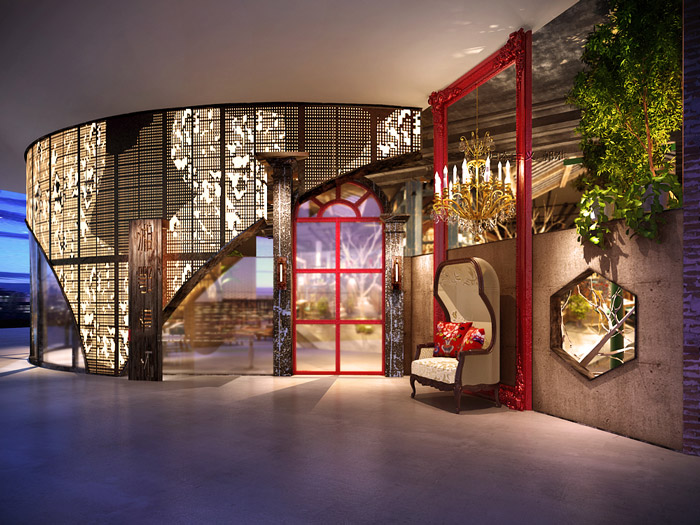 油紙傘主題餐廳進(jìn)門區(qū)裝修設(shè)計效果圖